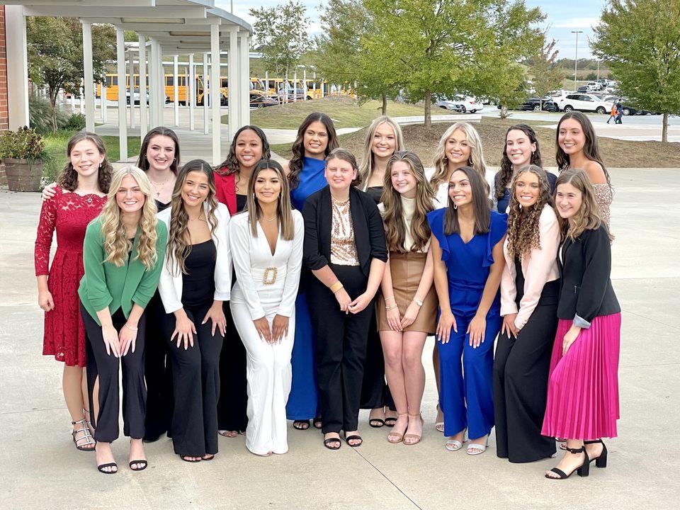 All sixteen girls on the Davie Homecoming court were photoed before the game. 
Top Row from Left to Right: Bonnie Jo Taylor, Erin Fincher, Harmony Young, Emily Dixon, Kadence Bogard, Caroline Lakey, Abby Wilson, Ali Cranfill 
Bottom Row from Left to Right: Makenna Groff, Lilli Seats, Paola Argueta, Annabelle Lakey, Brooklyn Lakey, Hailey Johnson, Allison Reese, Kathryn Harpe
Photo by Georgia Taylor 