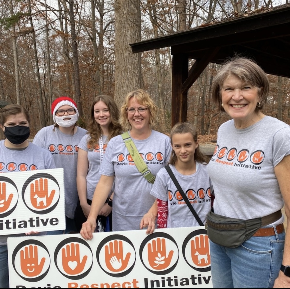 From left to right: Ambassadors of Respect Mary Cain, Journey Bowman, Savannah Ivey, and Salem Taylor, with DRI reps Julia Lauwers and Julia Burazer at the 2021 Mocksville Christmas Parade.