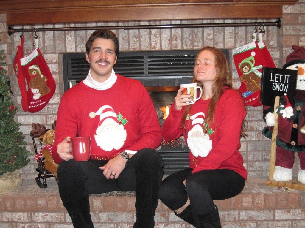 Tori Hitz poses with husband, Skyler, for Christmas. Skyler's mustache is a remnant of his Movember participation that same year.