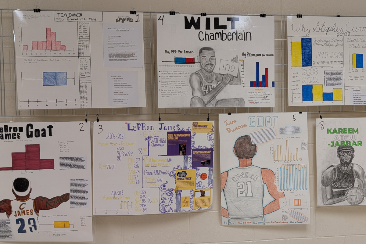 Posters showing depictions of basketball players accompanied by their top stats line the math hallway of Davie County High School. 