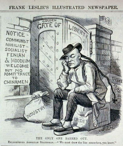 A political cartoon published in 1882 details attitudes towards Chinese immigration in California. | Image by Frank Leslie via Library of Congress Prints and Photographs Division. http://hdl.loc.gov/loc.pnp/ds.11861. (Public Domain)