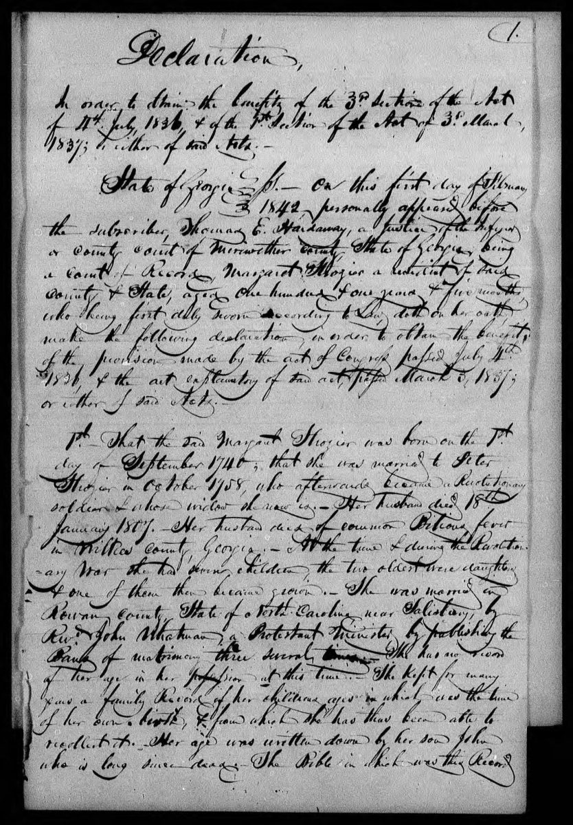 Application for a Widow's Pension from Margaret Strozier, 1 February 1842 | Document archived by MosaicNC