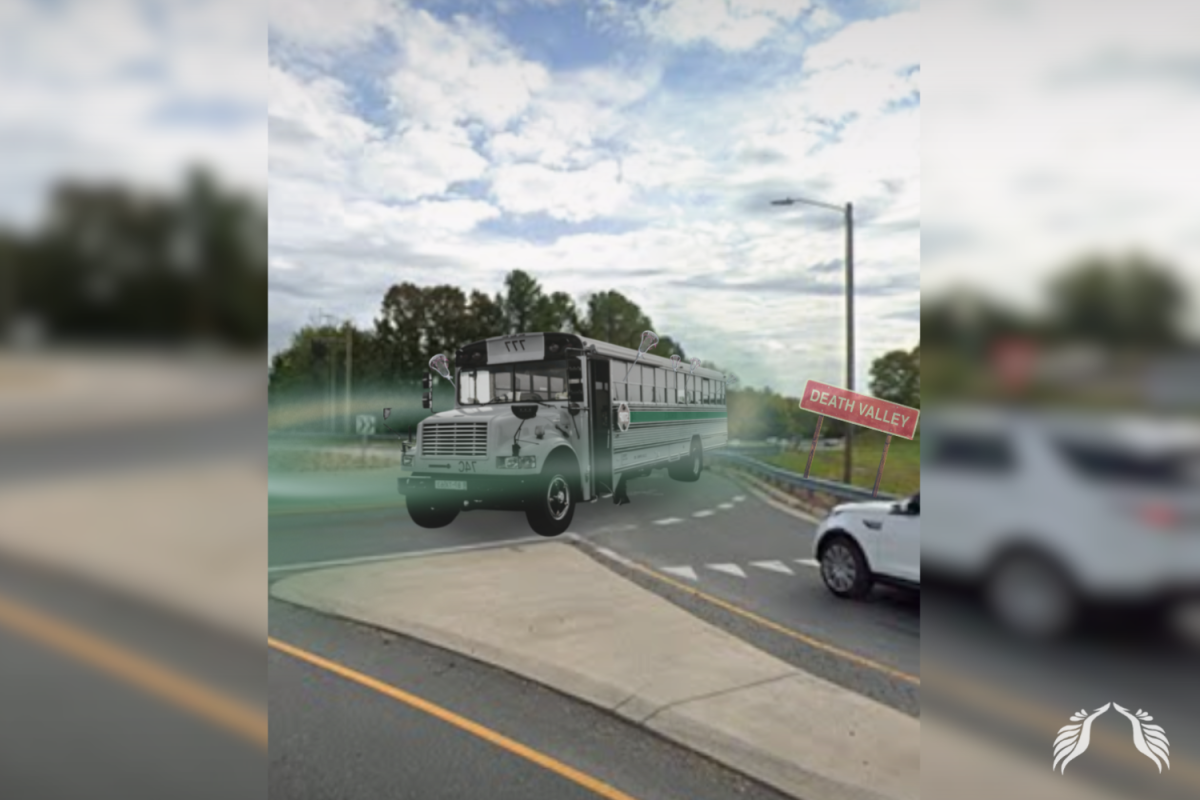 The Titian's bus as it was stuck in the traffic circle.