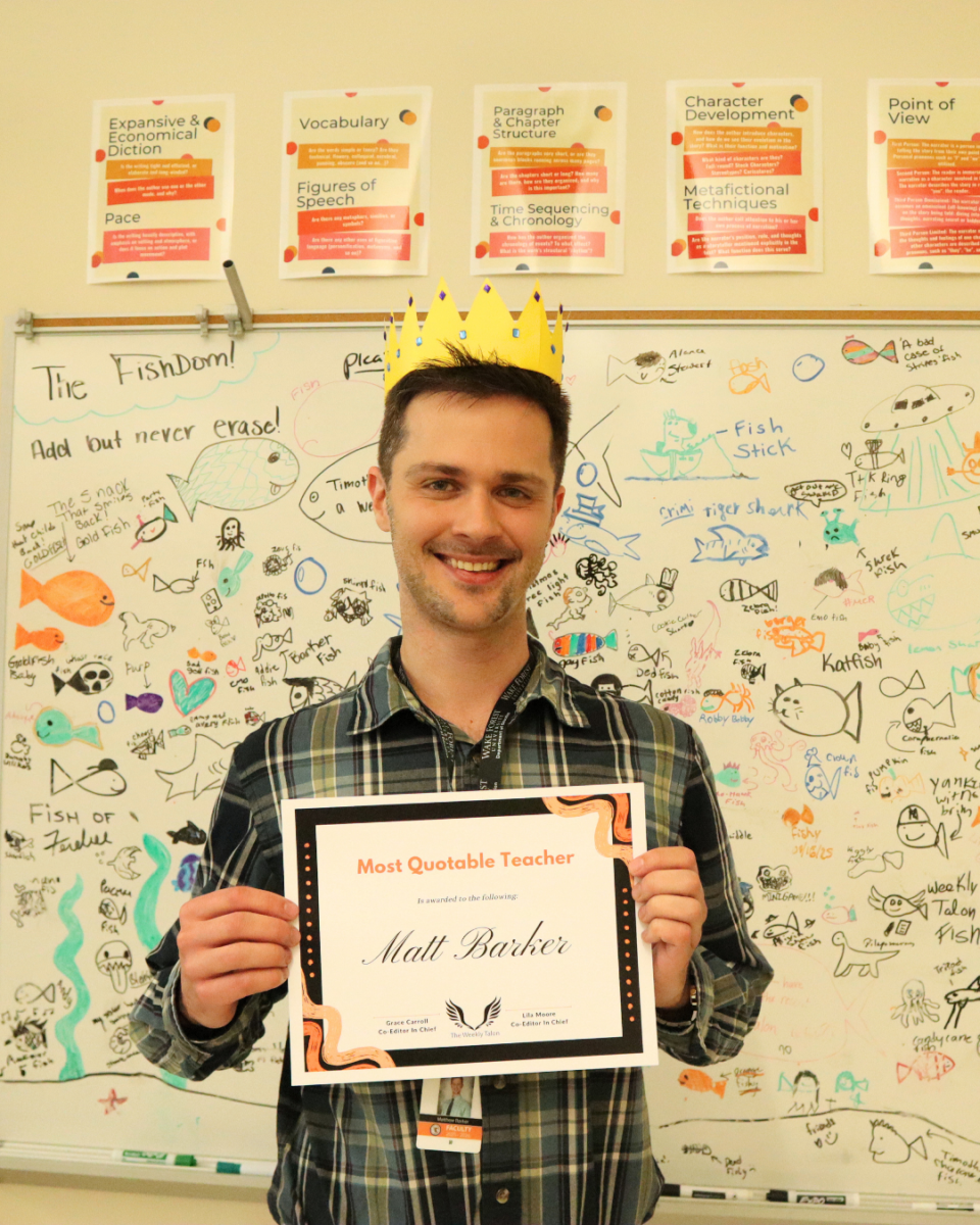 Matt Barker poses with his Student Choice Award amidst a sea of whiteboard fish.
